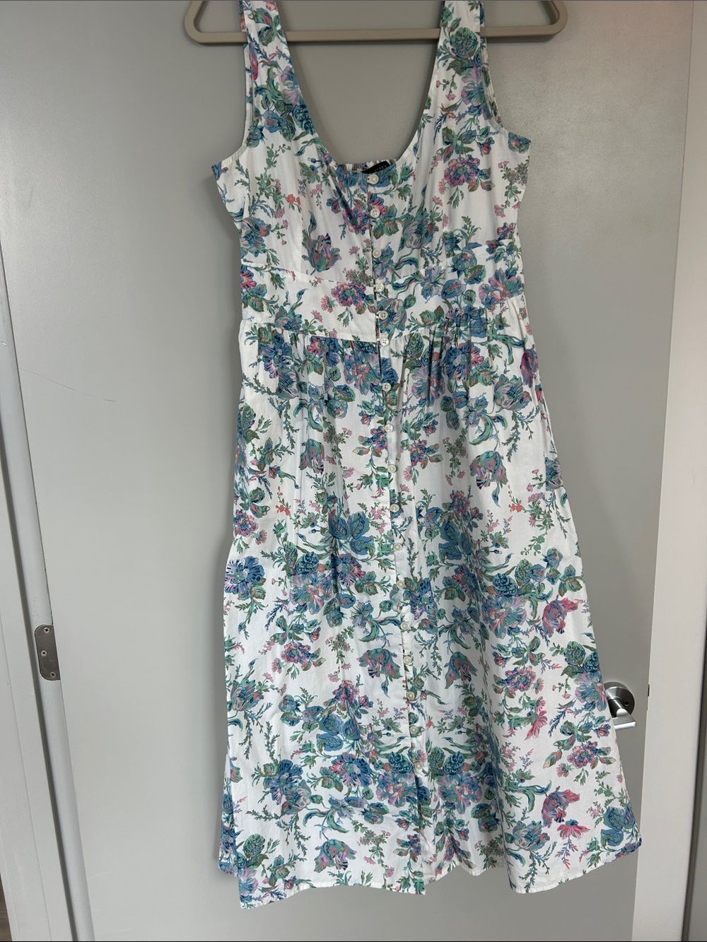 J. Crew White Floral Midi Dress with Blue & Pink Print size 8